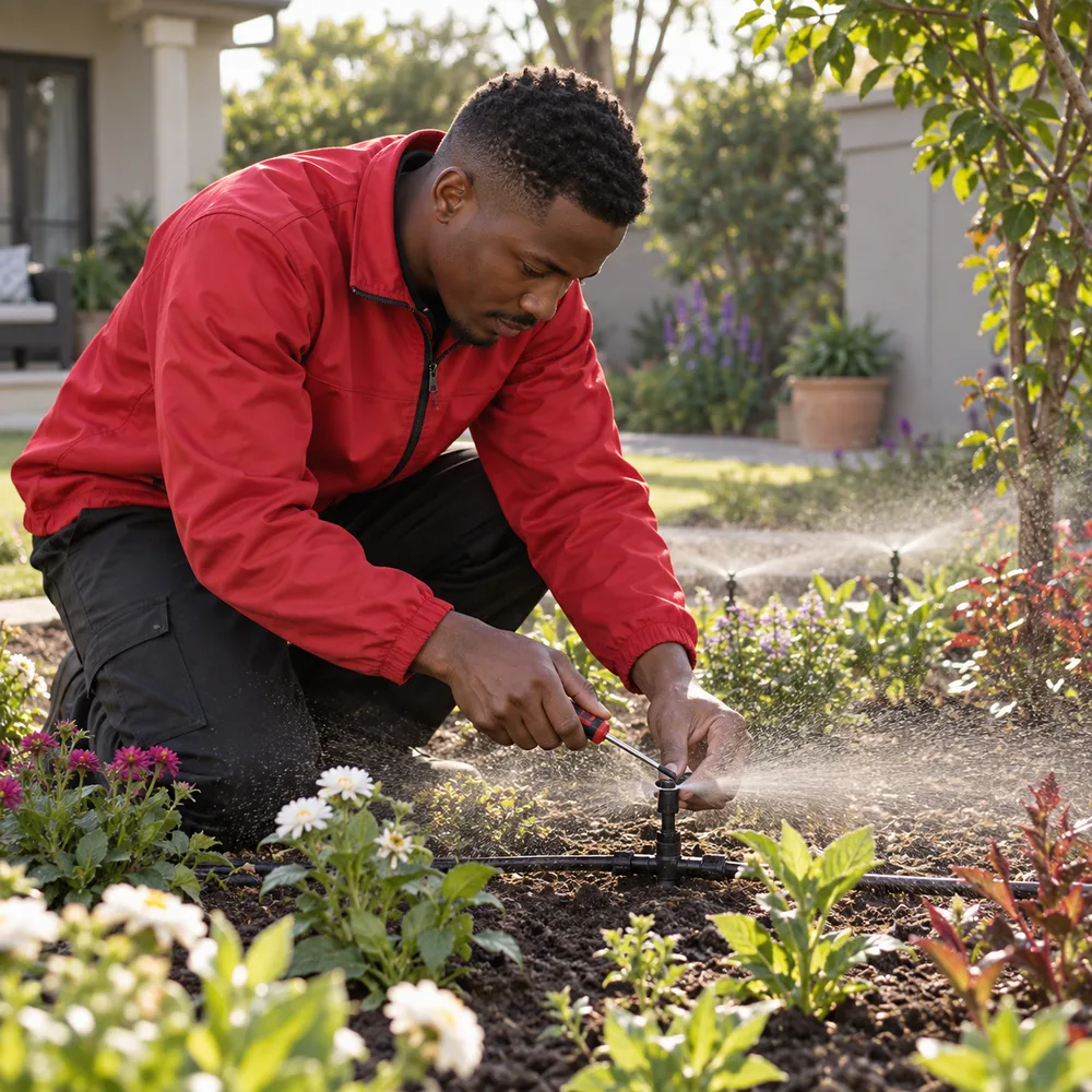 Technician setting a micro-spray emitter for planted beds in Pretoria