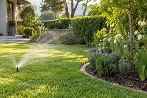 Pretoria garden with sprinklers watering the lawn and drip lines serving planted beds