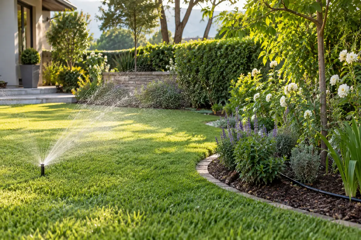 Pretoria garden with sprinklers watering the lawn and drip lines serving planted beds