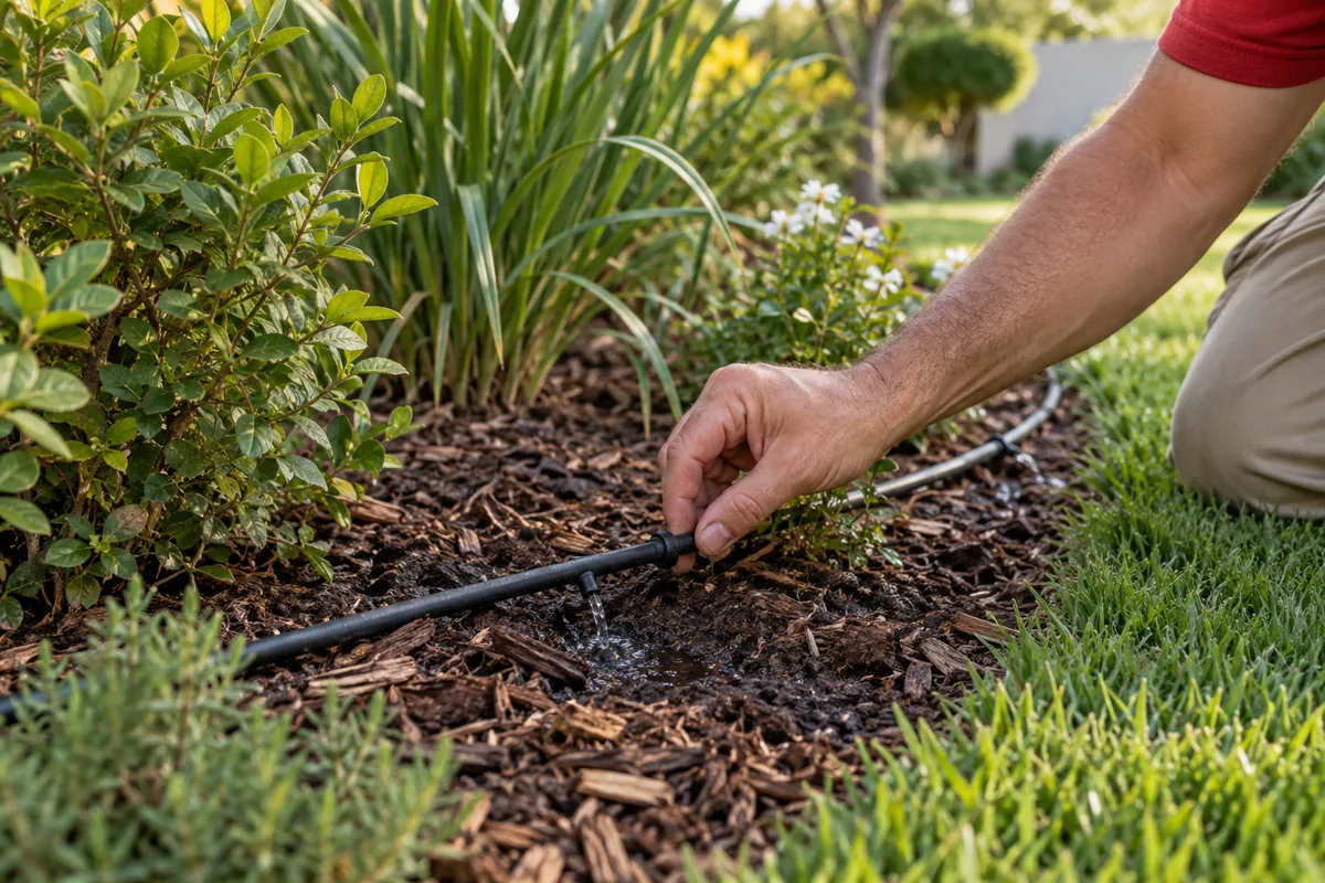 Close view of a drip irrigation line delivering water beside plants in a Pretoria garden bed