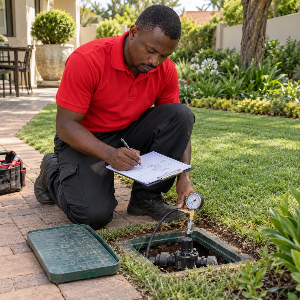 Technician pressure-testing newly installed irrigation piping in Pretoria