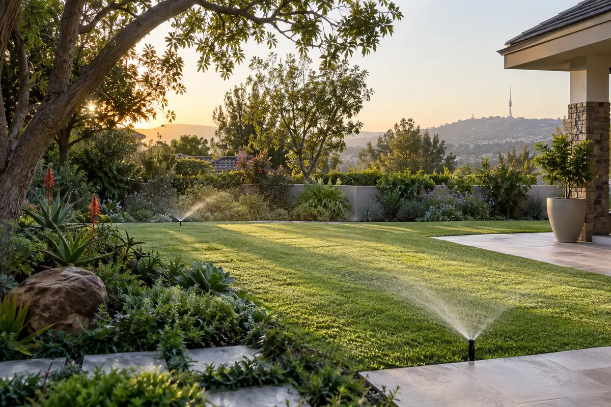Pop-up sprinklers watering a landscaped Pretoria garden in the early morning