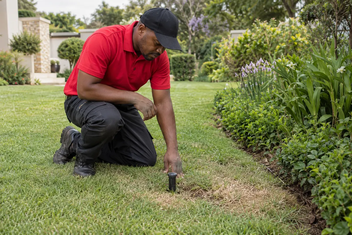 Male irrigation technician checking a pop-up sprinkler in a Pretoria garden