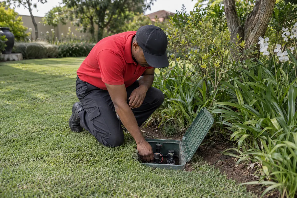 Male technician inspecting an irrigation valve box beside a landscaped lawn in Pretoria