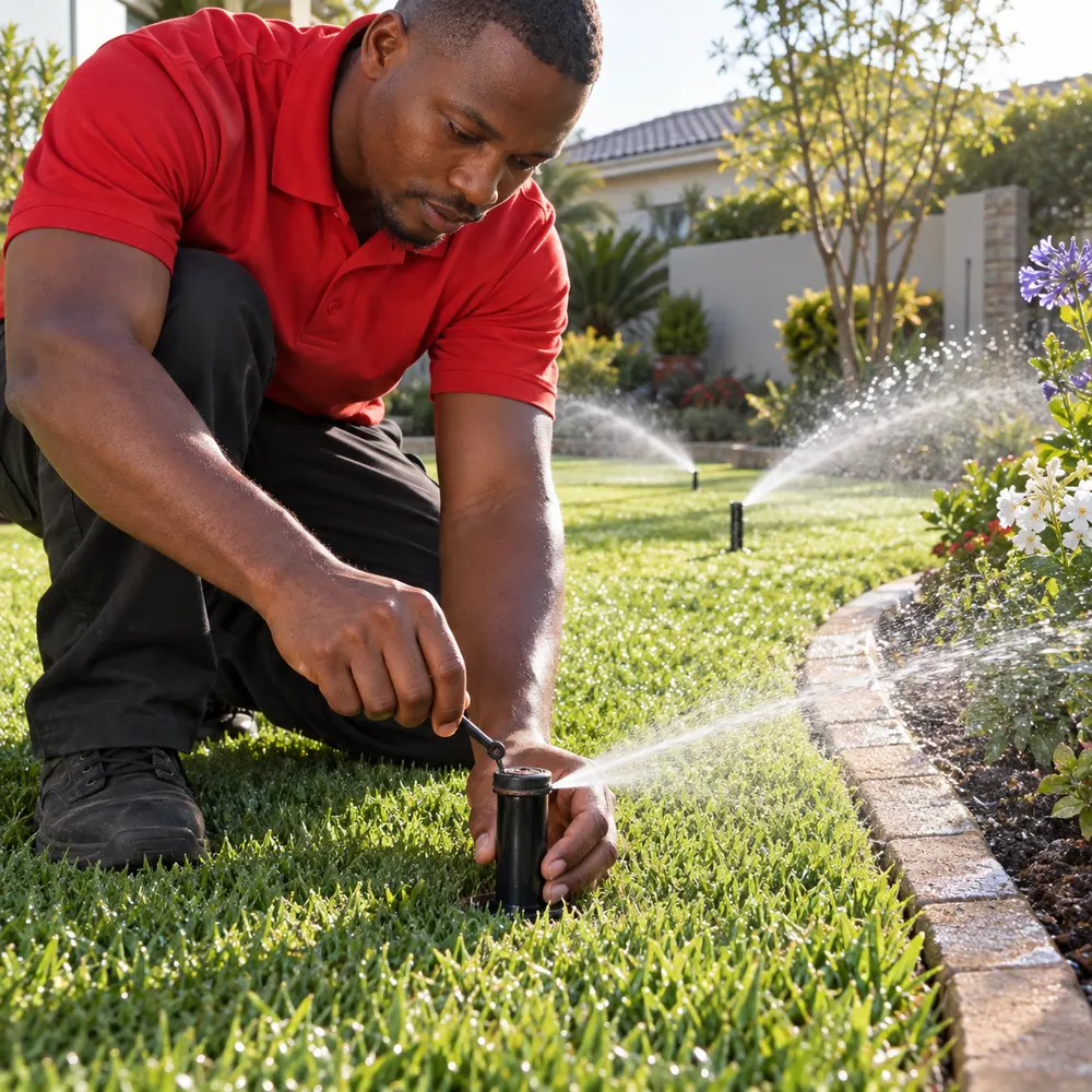 Technician aligning a pop-up sprinkler for Pretoria lawn coverage