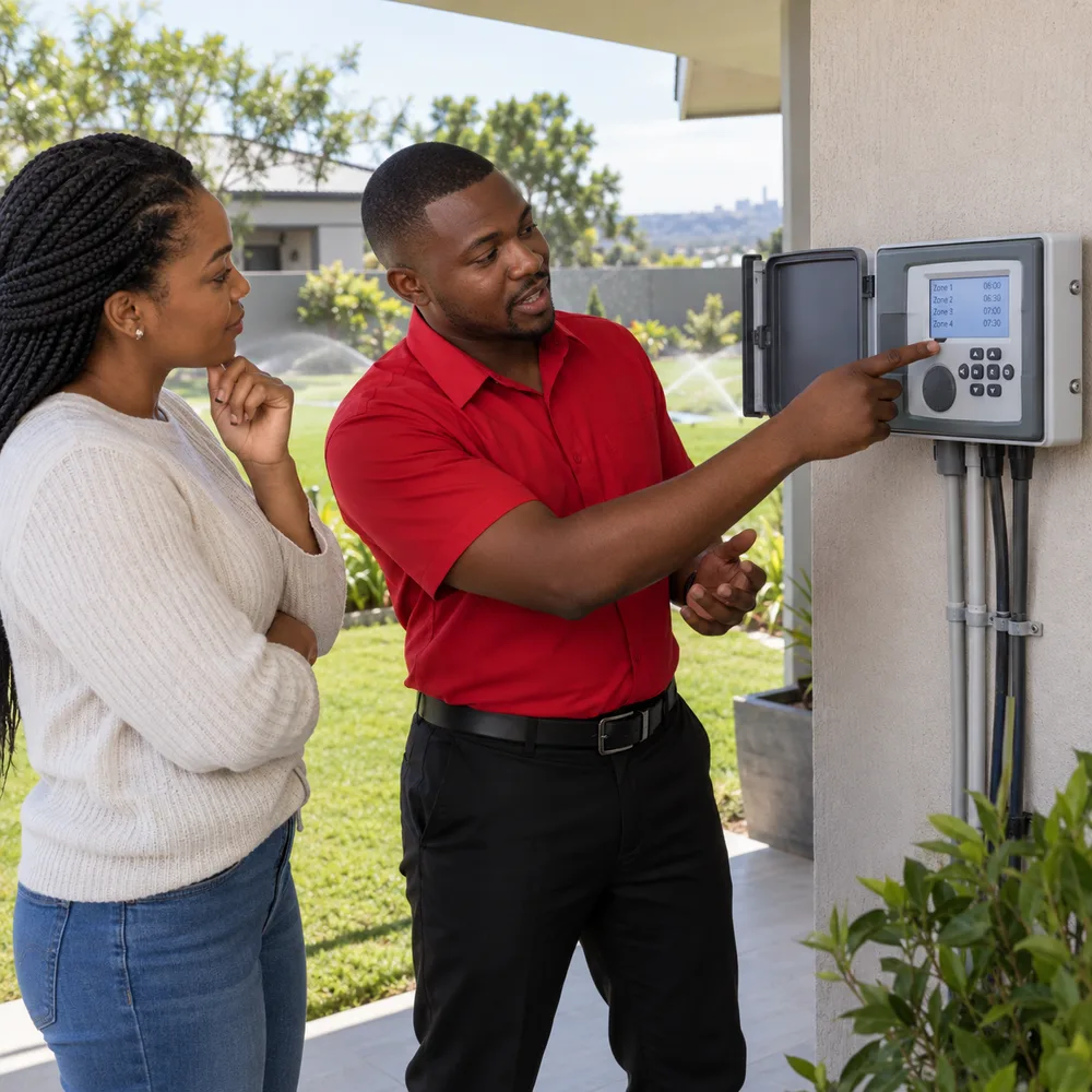 Technician explaining sprinkler controller settings to a Pretoria homeowner