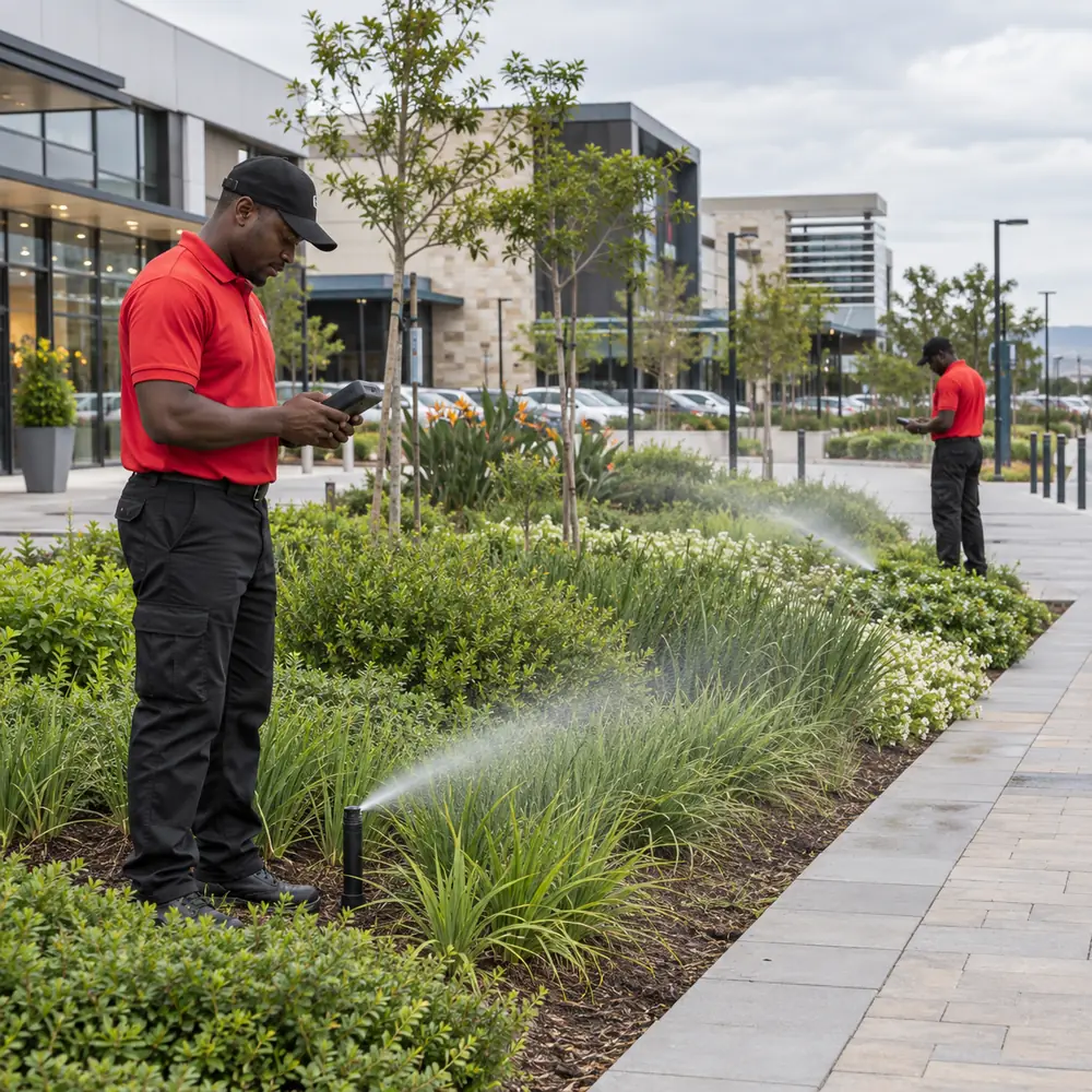 Commercial irrigation technicians inspecting landscaped grounds in Pretoria