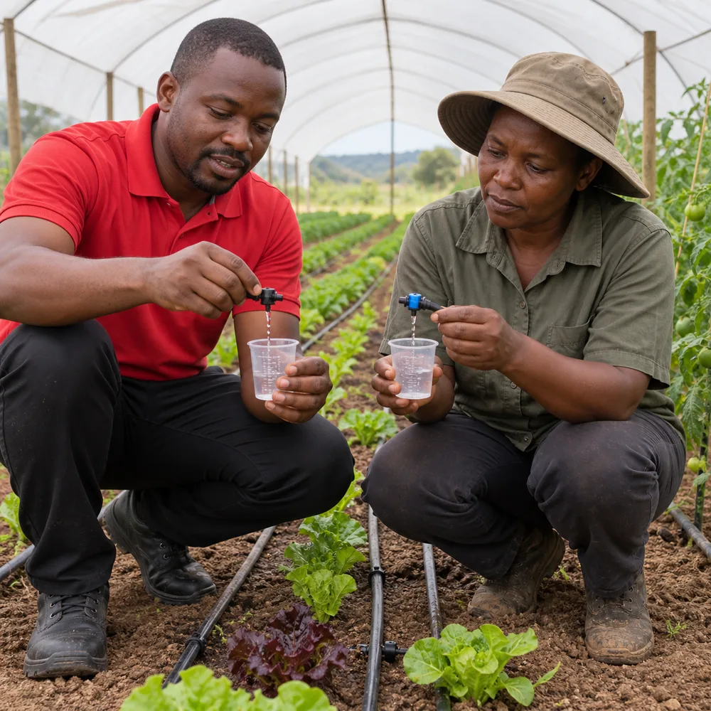 Male technician explaining drip farming emitters to a Pretoria grower