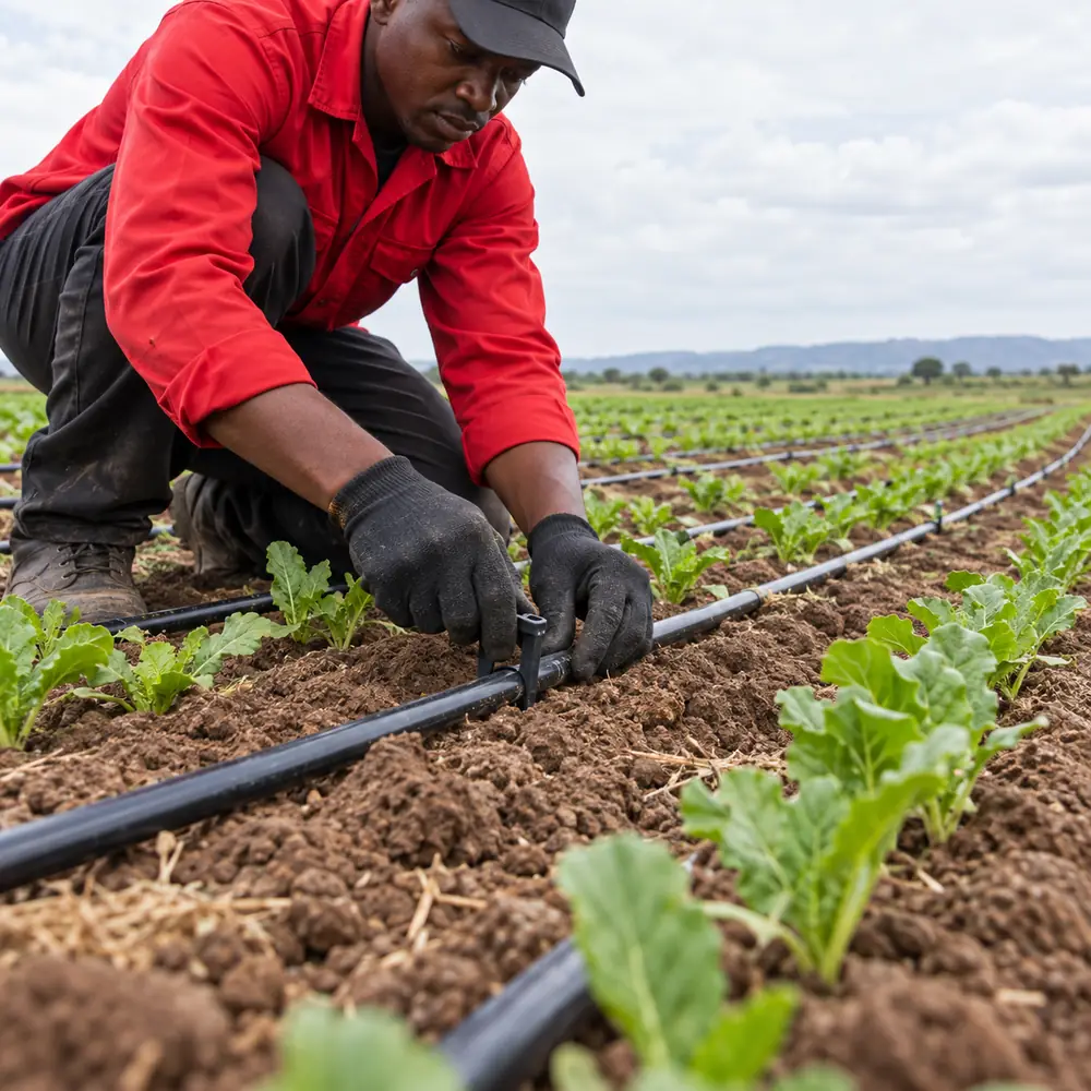 Technician installing drip farming lines in crop rows near Pretoria