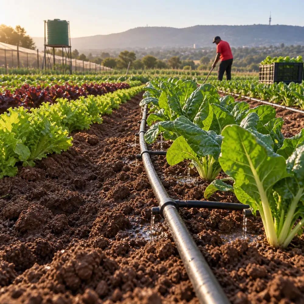 Drip irrigation emitters watering shrubs in a Pretoria garden