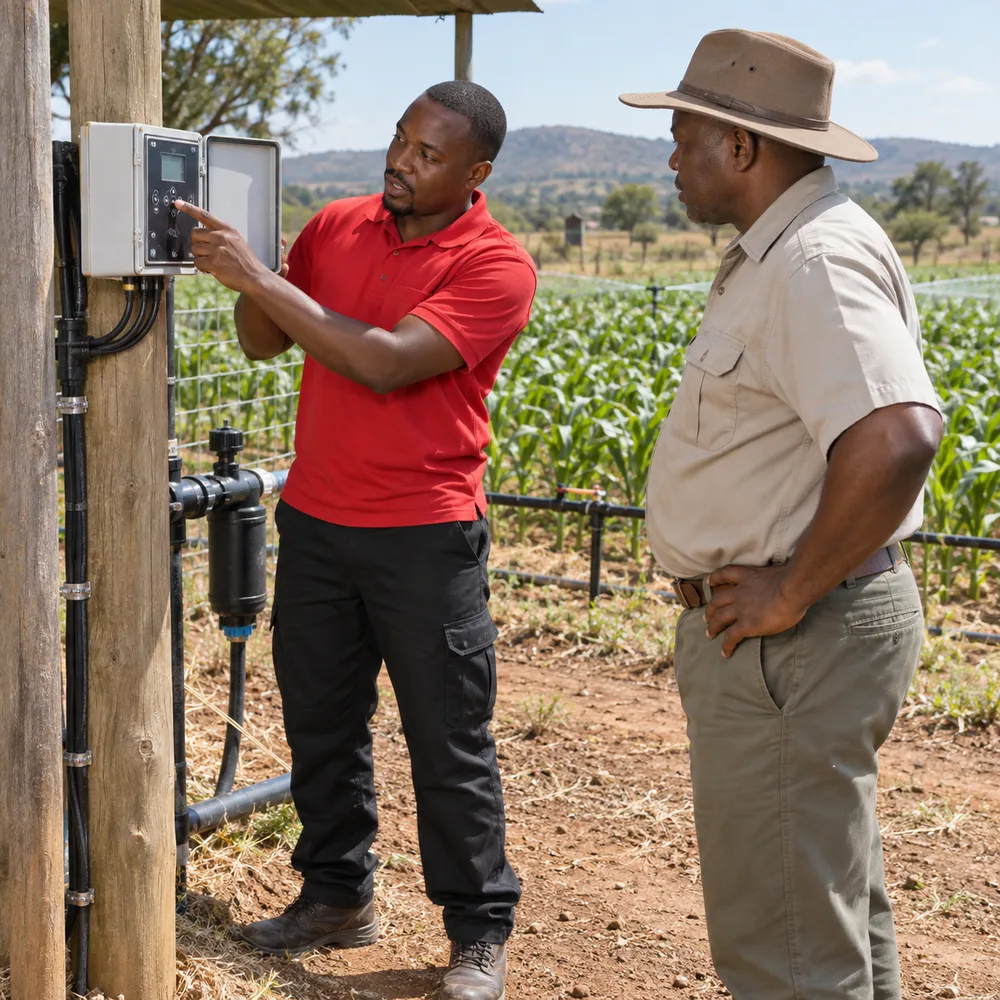 Male irrigation technician explaining farm controller settings to a farm manager