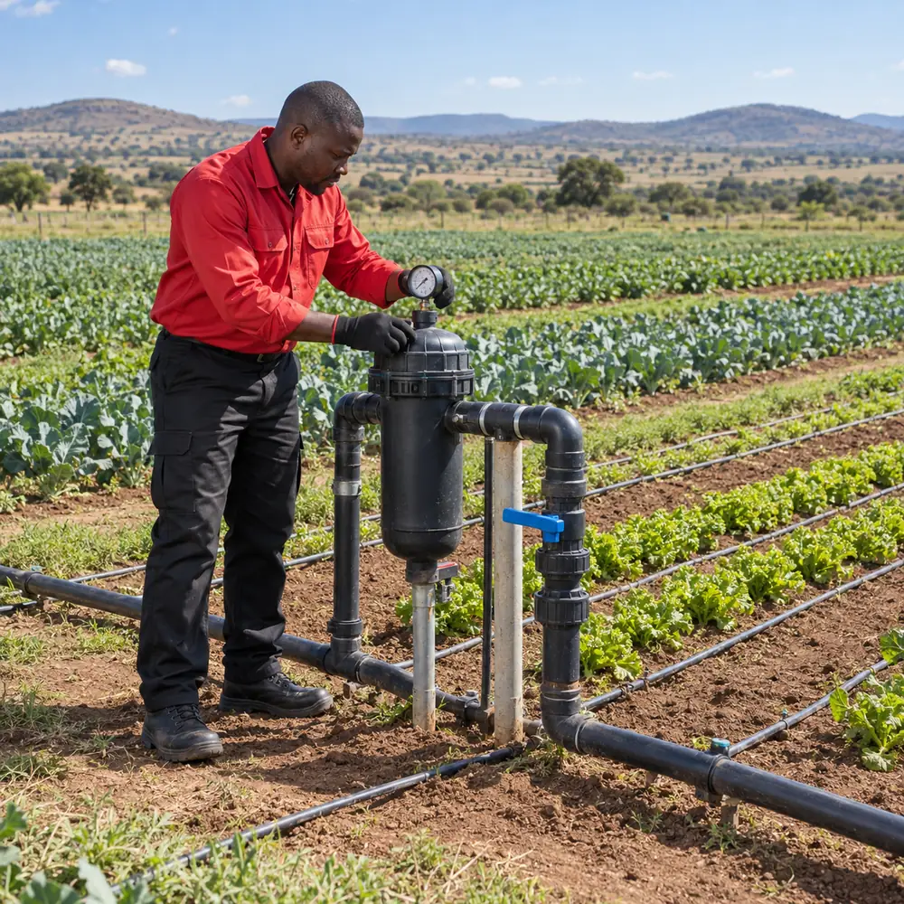 Technician checking a farm irrigation filter and pressure gauge near Pretoria