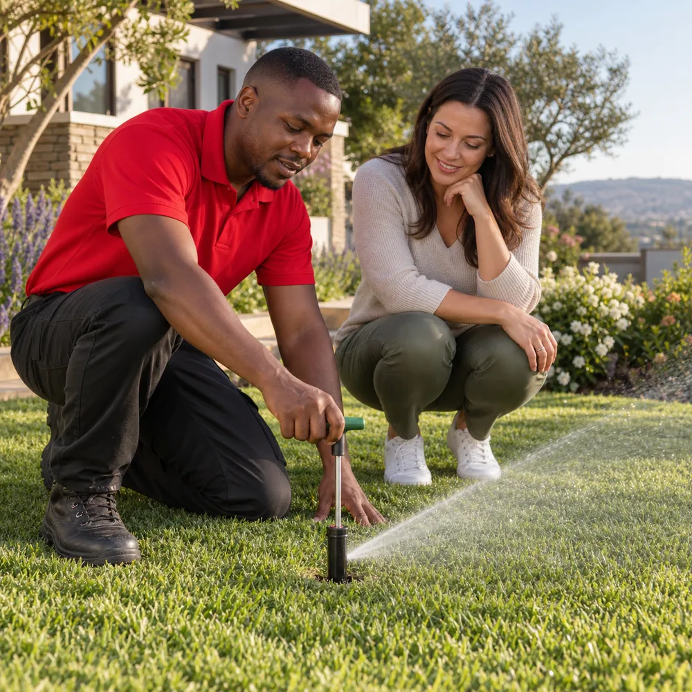 Male technician demonstrating a garden sprinkler to a Pretoria homeowner