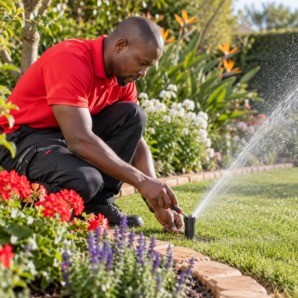 Technician adjusting a garden sprinkler in Pretoria