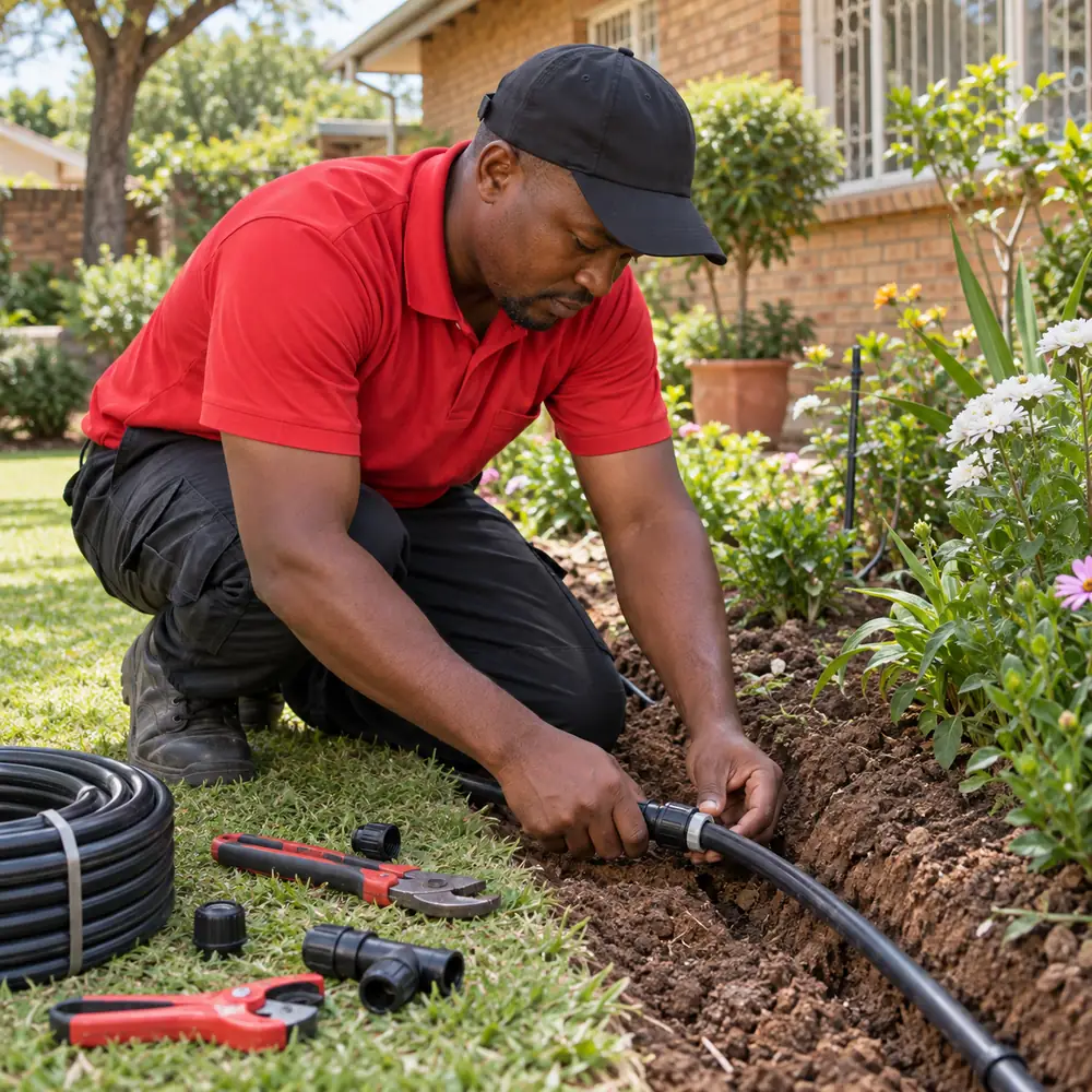 Technician installing irrigation piping at a Pretoria property