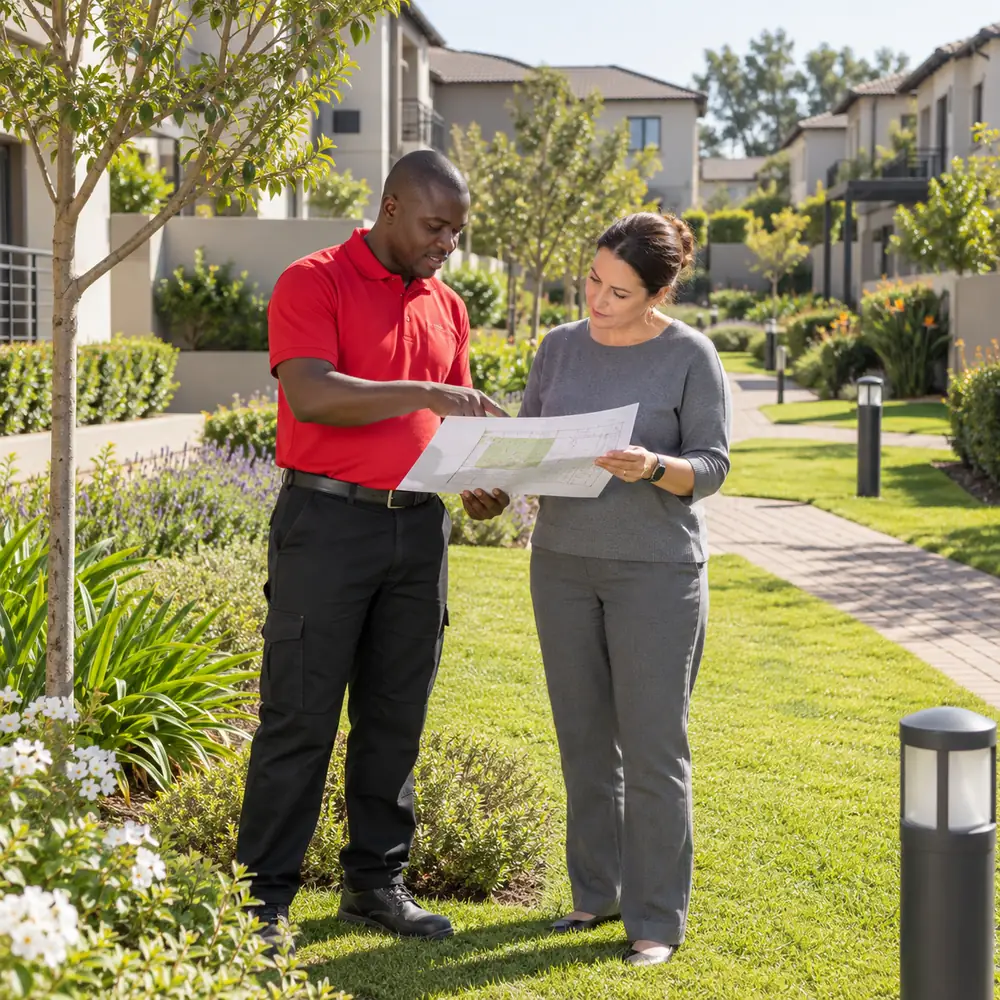 Irrigation technician discussing a garden watering plan with a Pretoria homeowner