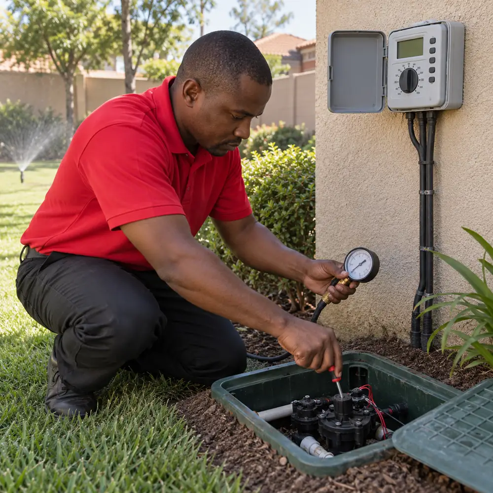 Irrigation controller, valves and pressure gauge being checked in Pretoria