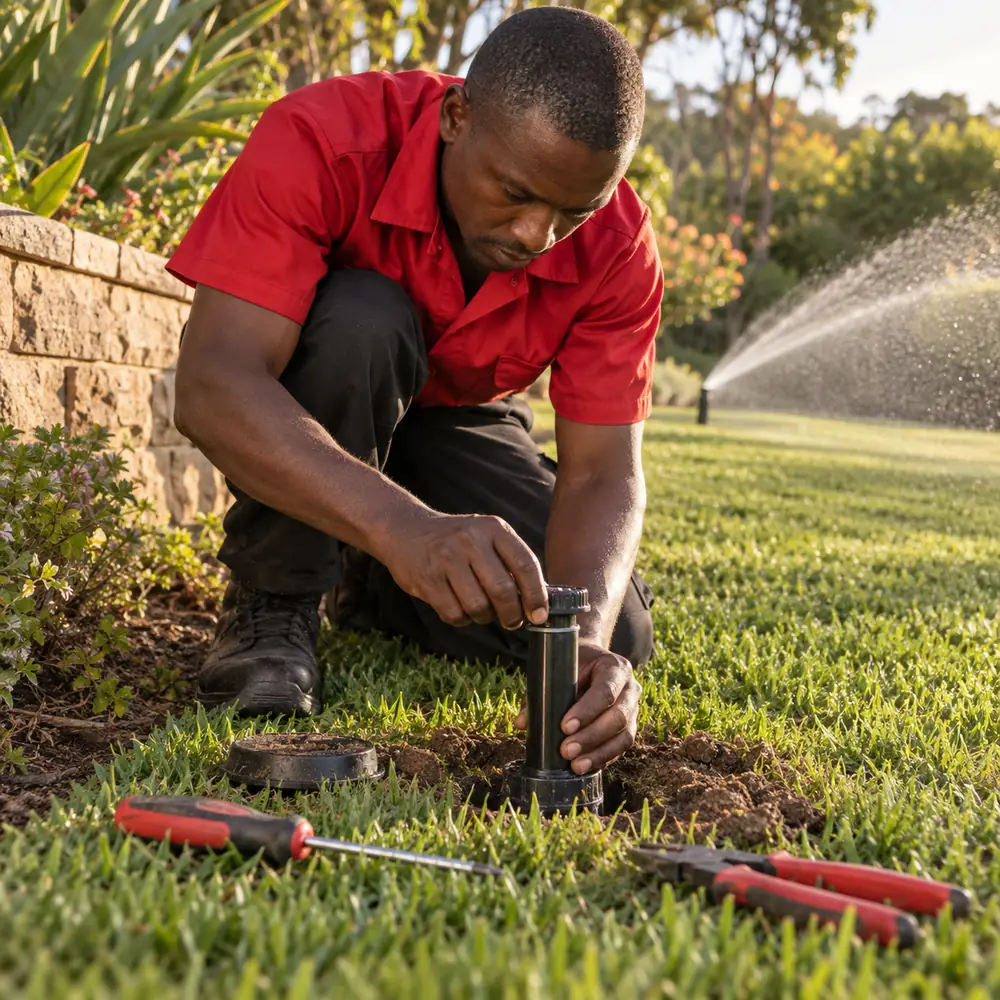 Technician repairing an irrigation sprinkler in a Pretoria garden