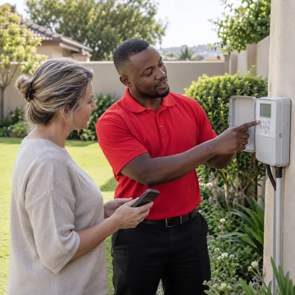 Technician inspecting irrigation valves and water pressure in Pretoria