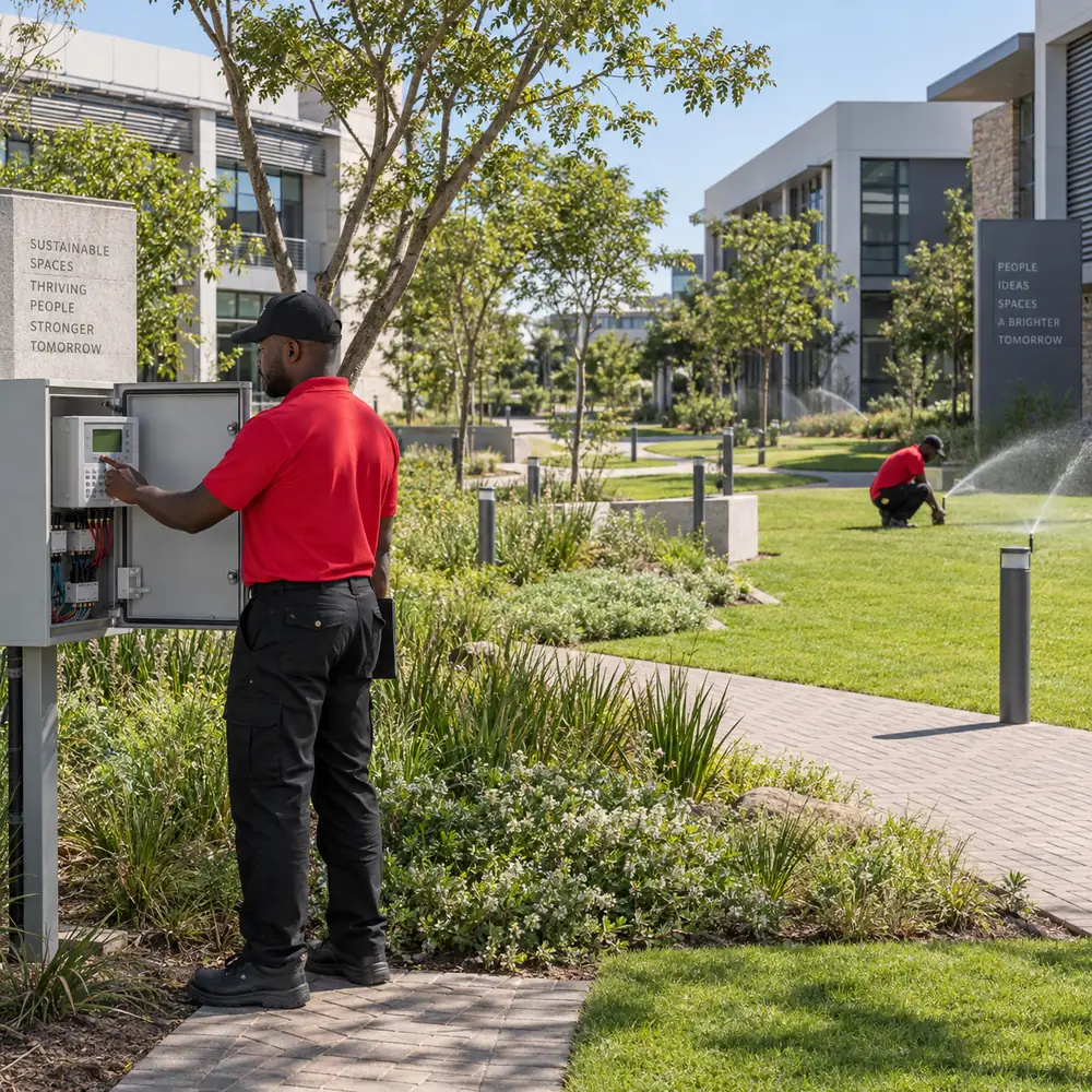 Technician commissioning an automated irrigation system in a Pretoria garden