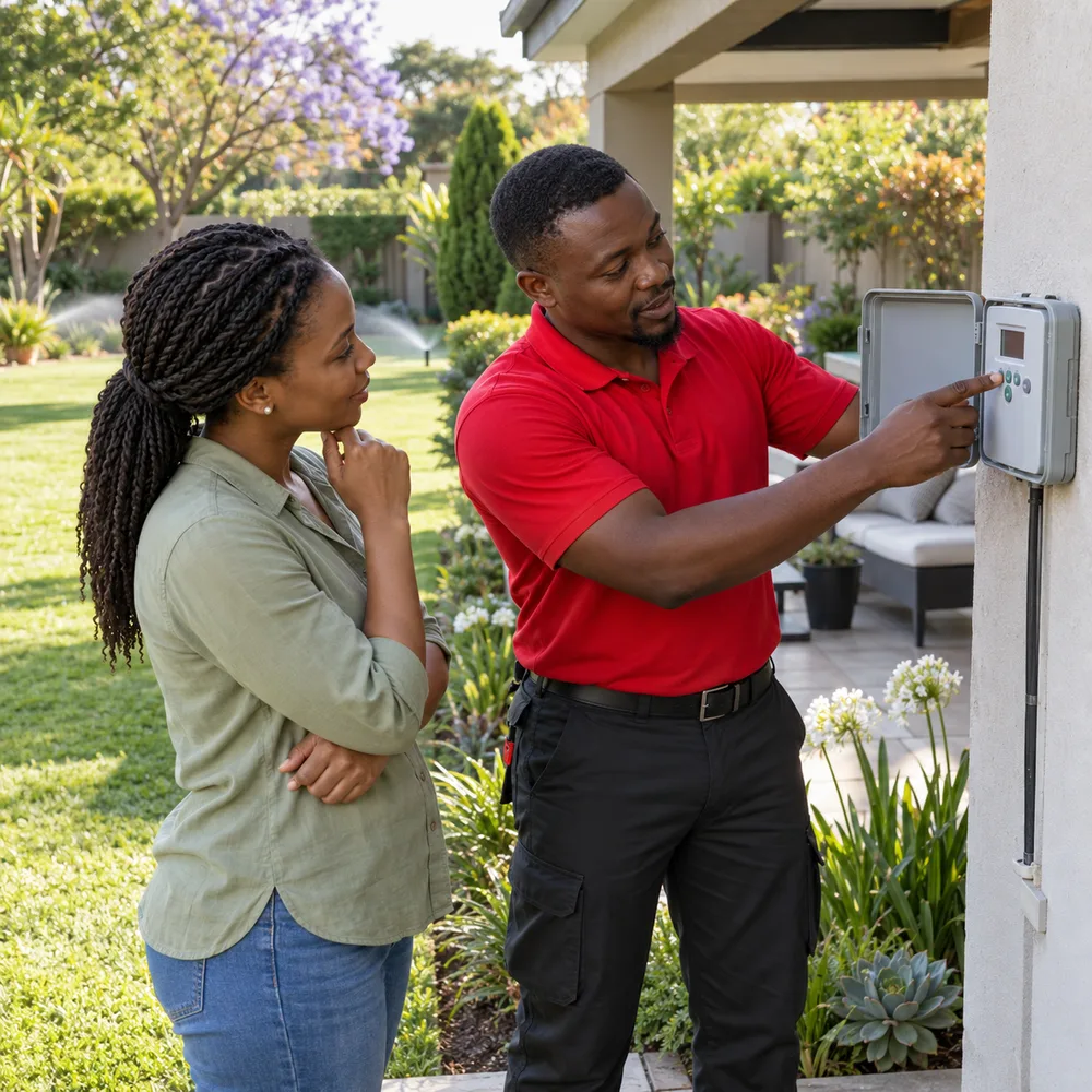 Male technician discussing a home irrigation system with a Pretoria homeowner