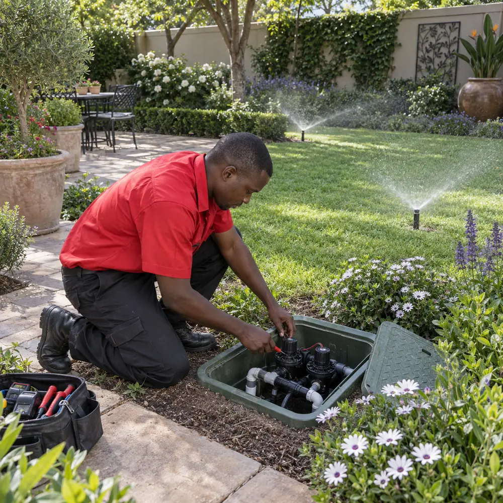 Technician servicing residential irrigation valves in a Pretoria garden