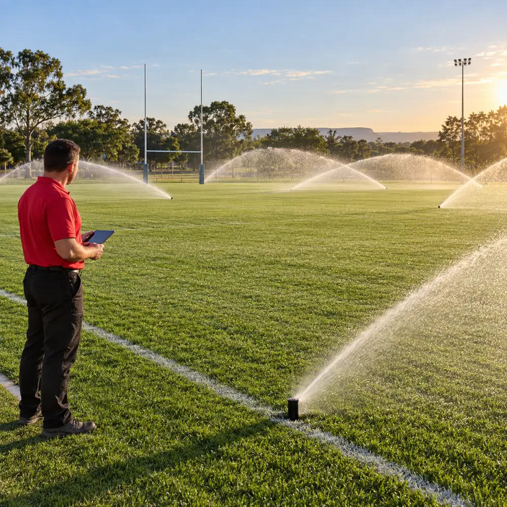 Pop-up sprinkler system watering a lawn in Pretoria
