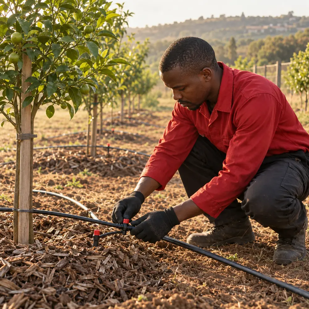 Technician installing a trickle irrigation emitter in an orchard near Pretoria